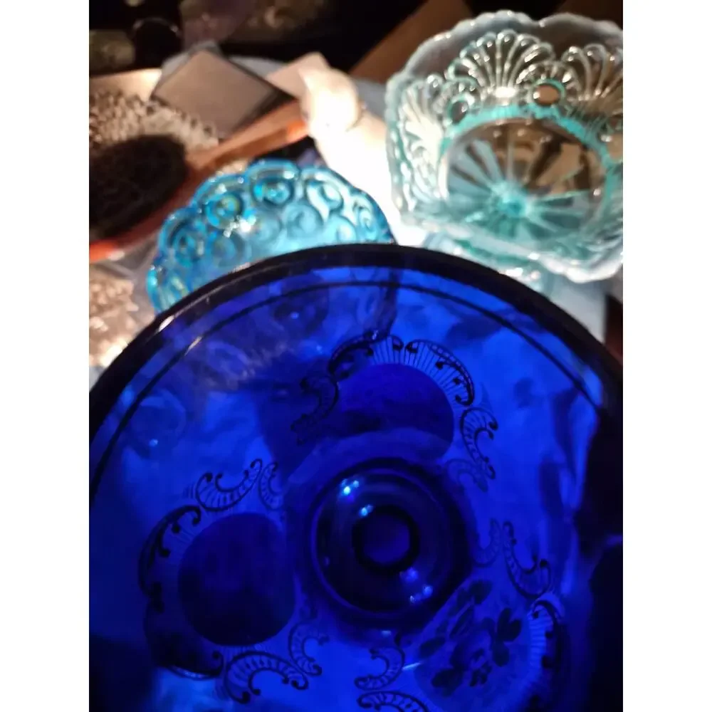 Vintage Bohemia Cobalt Blue Glass Vase Handpainted Colorful flowers Housed...
